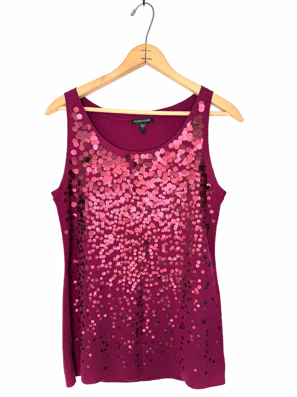 Eileen Fisher Ultra fine Merino Wool Sequin Front Shell Top Sweater Soft Size S